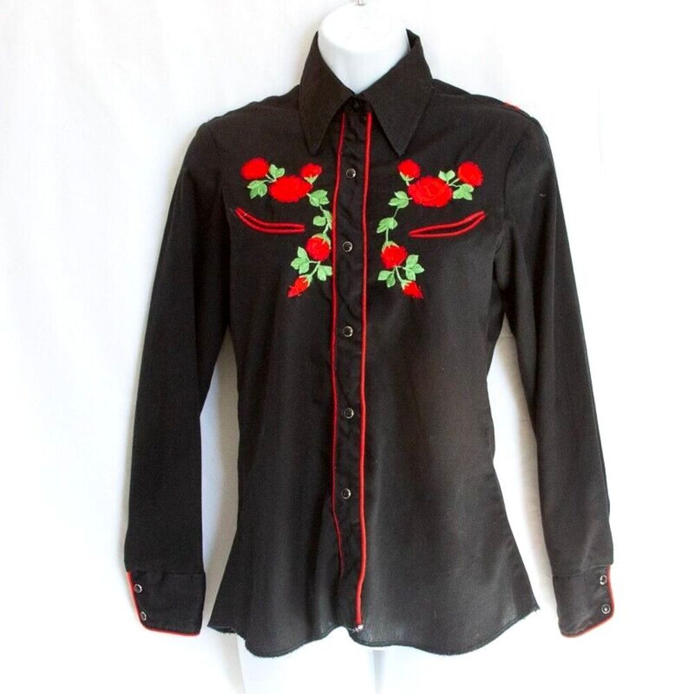 Vgt Karma Rodeo Western Pearl Snap Shirt Black Floral Embroidered  Size S 10/32